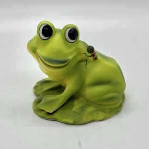 Vintage Josef Originals Ceramic Frog Figurine Lady Bug Friend on Lily Pad